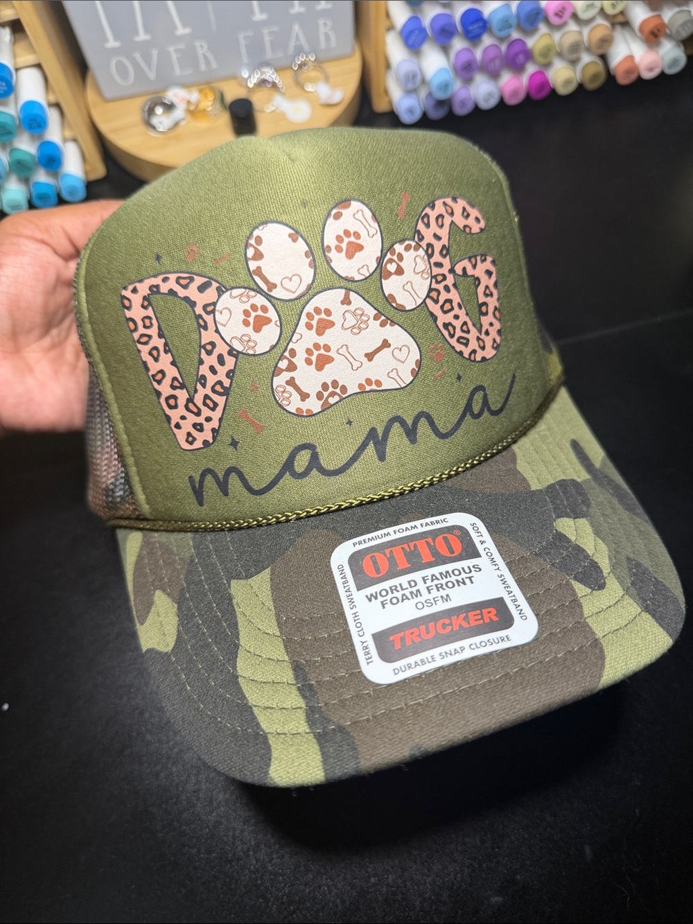 OTTO Olive Camo "Dog Mama" Trucker Hat with Pink Paw Accents